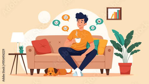 Relaxed man sits on a comfortable sofa drinking coffee while his loyal dog rests on the floor in a cozy modern living room.