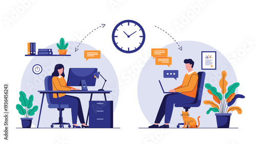 Conceptual illustration compares two workspace scenarios showing a woman at an office desk and a man working from home with his cat.