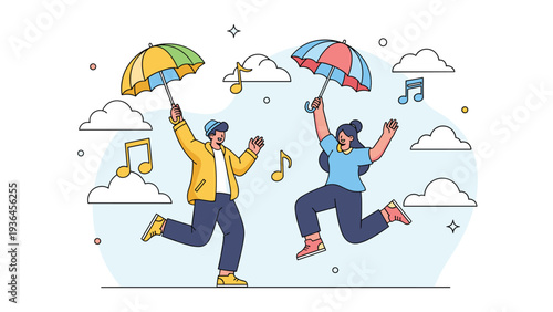Joyful couple dances and jumps with colorful umbrellas through the sky surrounded by fluffy white clouds and floating musical notes.