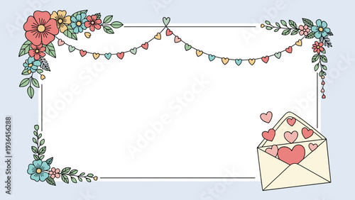Romantic frame design features floral corners, a heart garland, and an open envelope spilling out several small pink hearts.