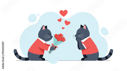 Sweet illustration shows two grey cats in red sweaters where one is giving a bouquet of roses to the other under floating hearts.