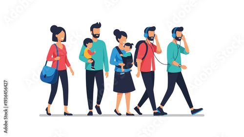 Diverse group of people in casual attire walking along a sidewalk, including parents with babies and young adults listening to music.