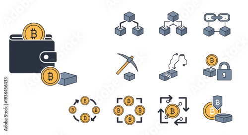 Bitcoin Cryptocurrency Icons and Wallet Illustration.