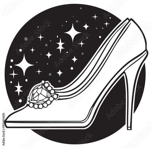 Elegant sparkling stiletto heel shoe with gemstone embellishment on a starry night sky background