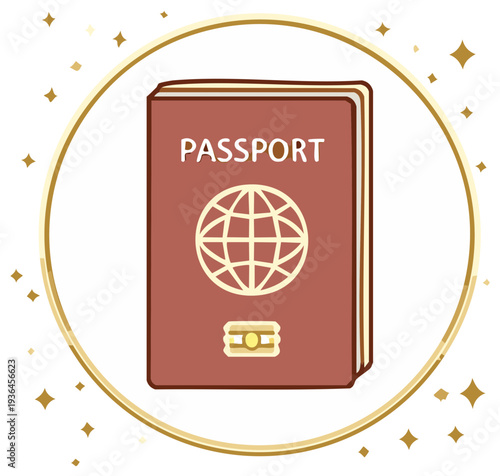 Travel Document Passport Book with Globe Symbol and Stars