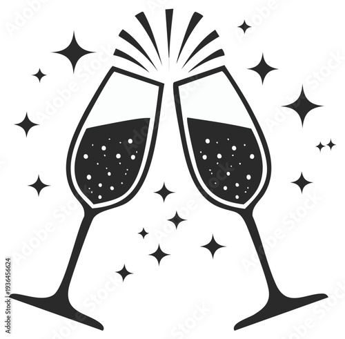 Celebration Toast With Sparkling Champagne Glasses and Stars Icon
