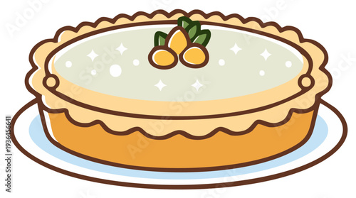 Delicious lemon pie decorated with almonds, cartoon style. Festive dessert on a plate, ready to be enjoyed.