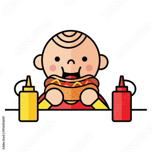 Happy baby eating a hot dog with ketchup and mustard bottles on table