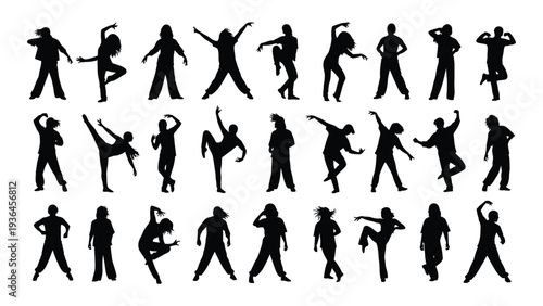 A collection of silhouettes of people playing basketball
