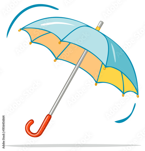 Open umbrella with light blue canopy and orange underside protection from rain