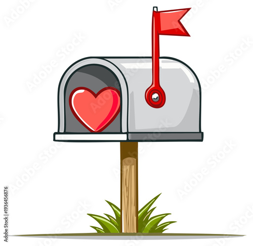 Cartoon mailbox with red heart and flag, illustration of love and mail