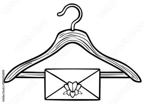 Hand drawn illustration of a clothing hanger holding a decorative envelope with a floral motif