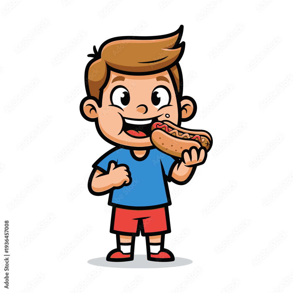 Fototapeta premium Happy Boy Eating a Delicious Hot Dog with Ketchup and Mustard
