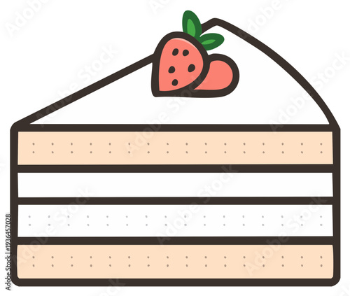 Cute cartoon layered cake slice illustration with fresh strawberry topping