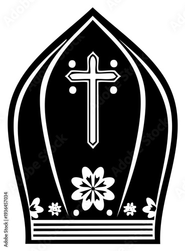 Detailed vector design of a mitre headdress, symbol of episcopal authority with Christian cross and floral ornament