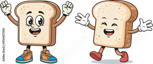Happy Cartoon Bread Slices Vector Illustration Set with Cute Faces, Arms, and Legs, One Wearing Blue Sneakers and the Other Red Shoes, Isolated on White Background