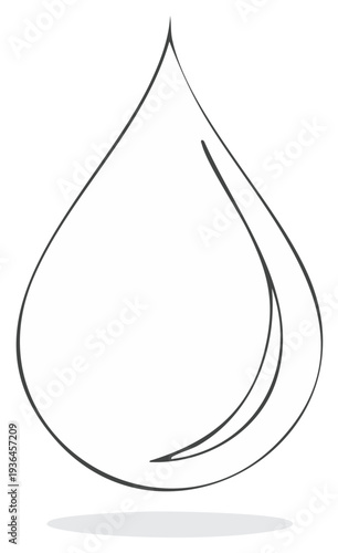 Minimalist single water drop outline sketch with subtle shading and cast shadow