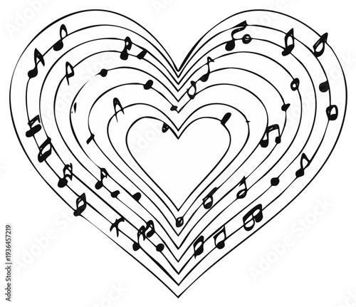 Heart shaped musical notes and staffs drawing with concentric lines