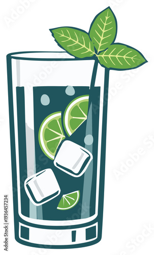 Refreshing tall glass of cool beverage with ice lime slices and mint garnish