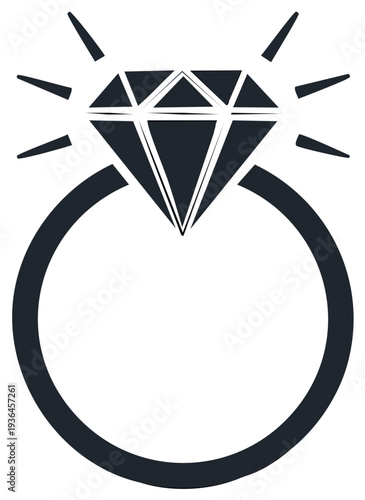 Diamond ring illustration, gem icon, shining jewelry, engagement, marriage proposal, love concept.