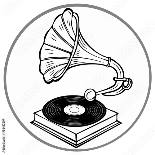 Vintage gramophone with record player in a round frame, illustration for antique audio technology and old fashioned music