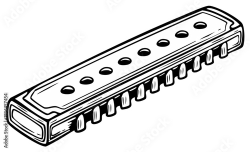 Illustration of a blues harmonica in black and white