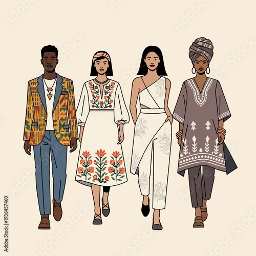 Diverse group of people showcasing vibrant cultural fashion and traditional clothing