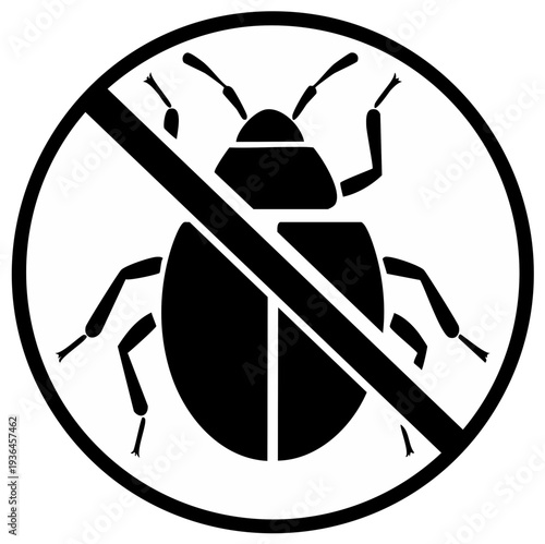 Bug icon with a prohibition sign black and white isolated design concept