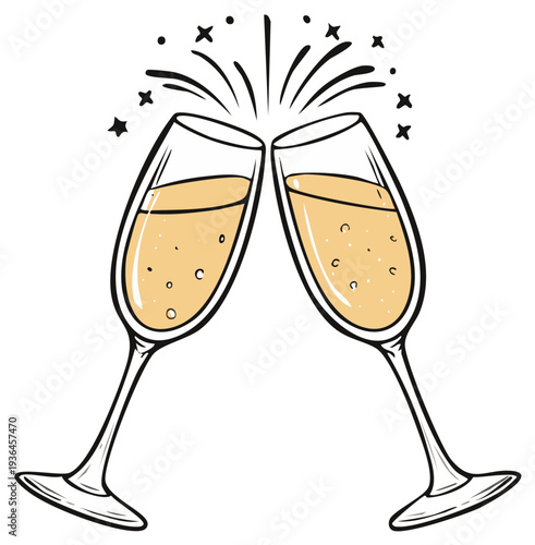 Illustrated champagne flutes clinking together with celebratory sparkles, vector design.