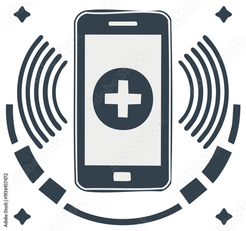 Smartphone with medical cross and signal waves representing health app or telemedicine service