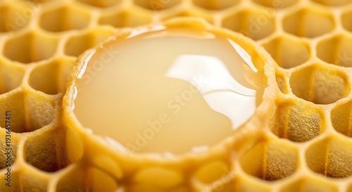 Ultra-macro of royal jelly creamy white in honeycomb cell, glossy luxurious bee product
