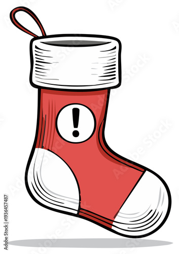 Alerting Christmas Stocking with Exclamation Point. Red Holiday Sock Warning Sign