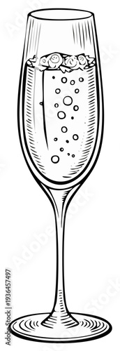 Champagne flute illustration with sparkling bubbles and liquid in a celebratory, vintage style