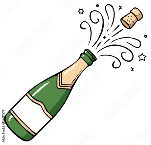 Popping champagne bottle illustration with cork explosion on a white background celebration festive party