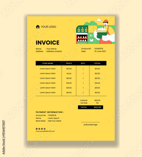 Poultry Farm Flat Cartoon Hand Drawn Invoice Template Illustration