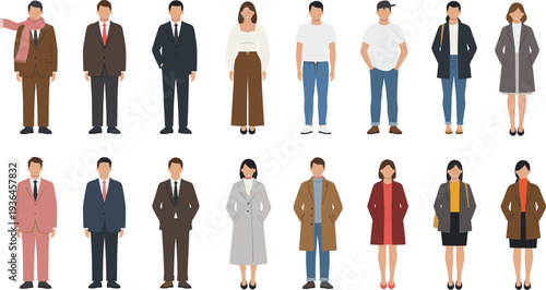Group of fashionable people in casual and formal outfits, diverse character illustration, flat vector design, standing men and women, business and everyday clothing collection