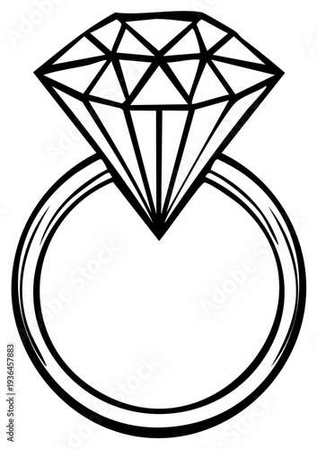 Diamond ring illustration, engagement jewelry concept, black outline