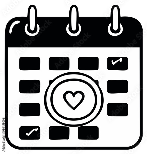 Illustration of a calendar with heart symbol marking a specific date, celebrating love.