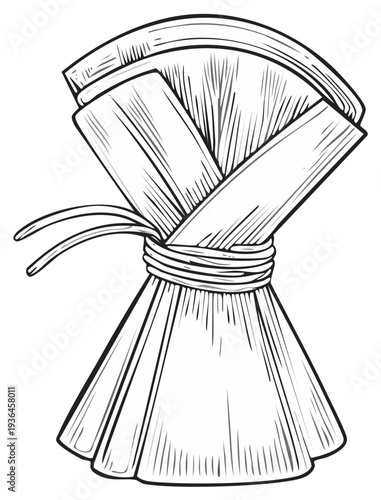 Vintage hand tied natural straw whisk broom black and white line art drawing illustration