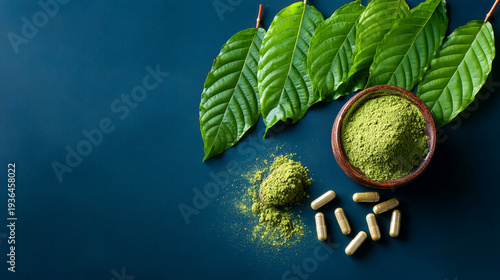 Green herbal powder and capsules displayed with fresh leaves on a dark background.