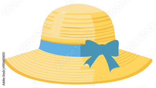Yellow Summer Straw Hat with Blue Ribbon and Bow Vector Illustration