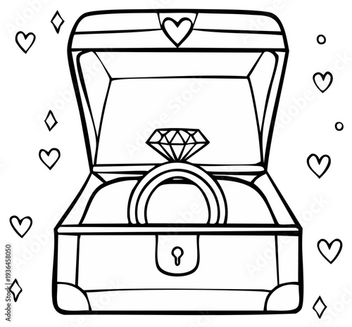 Diamond ring in open jewelry box with decorative hearts proposal concept