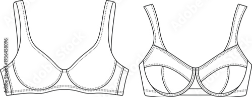 Bra technical flat fashion illustration, lingerie design with straps cups underband seam supportive soft cup structured panel garment construction drawing sketch