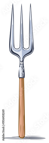 Traditional three-tine pitchfork with wooden handle farm tool rustic cartoon illustration