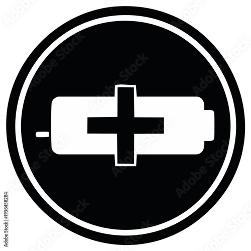 Black and white icon design featuring a battery symbol with a plus sign and minus sign in a circular shape.