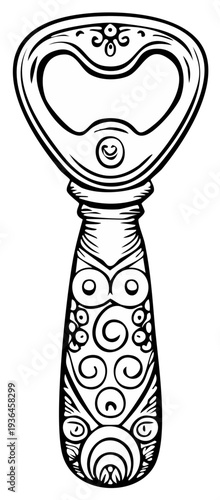 Decorative bottle opener with ornate patterned handle and etched detail
