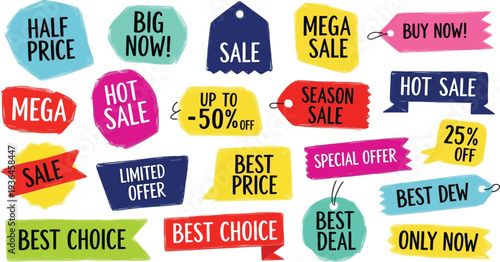 Mega sale discount label set for retail store and online shopping promotion with limited time special offers and seasonal marketing campaign