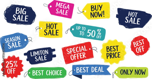 Mega sale discount banner and tag set for shopping deals, store sale events, and promotional marketing for seasonal discounts and special offers