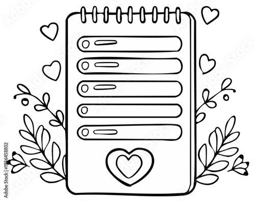 Notebook doodle with hearts and floral elements, vector illustration