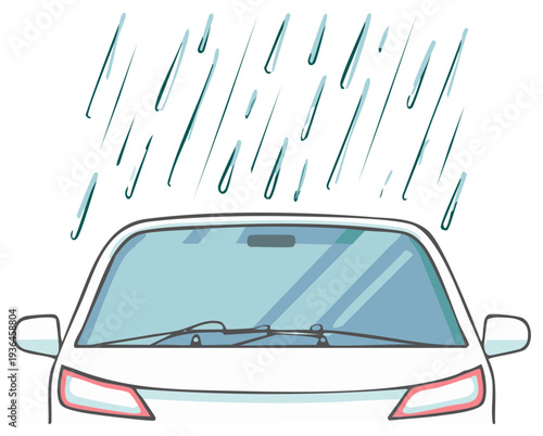 White car front in heavy rain cartoon illustration raindrops falling down windshield